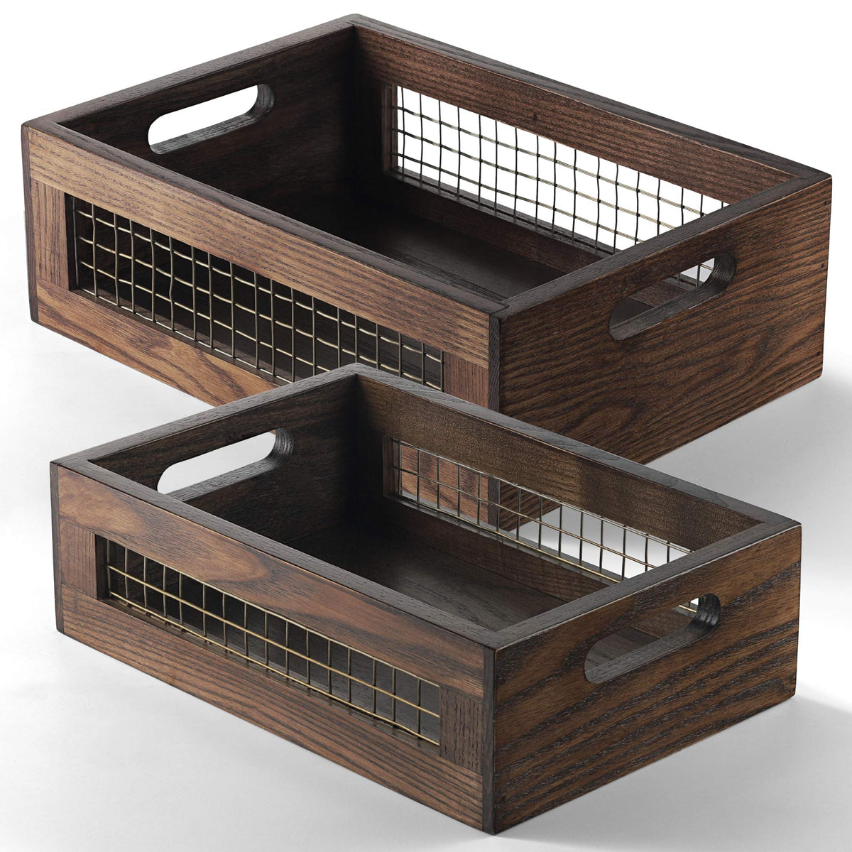 NAGAWOOD Wooden Countertop Baskets Set of 2 for Kitchen, Pantry|Wall Mount Upgrade with Full Accessories| Rustic Nesting Boxes|Wooden Organizer Crates for Vegetables, Produce, Bread