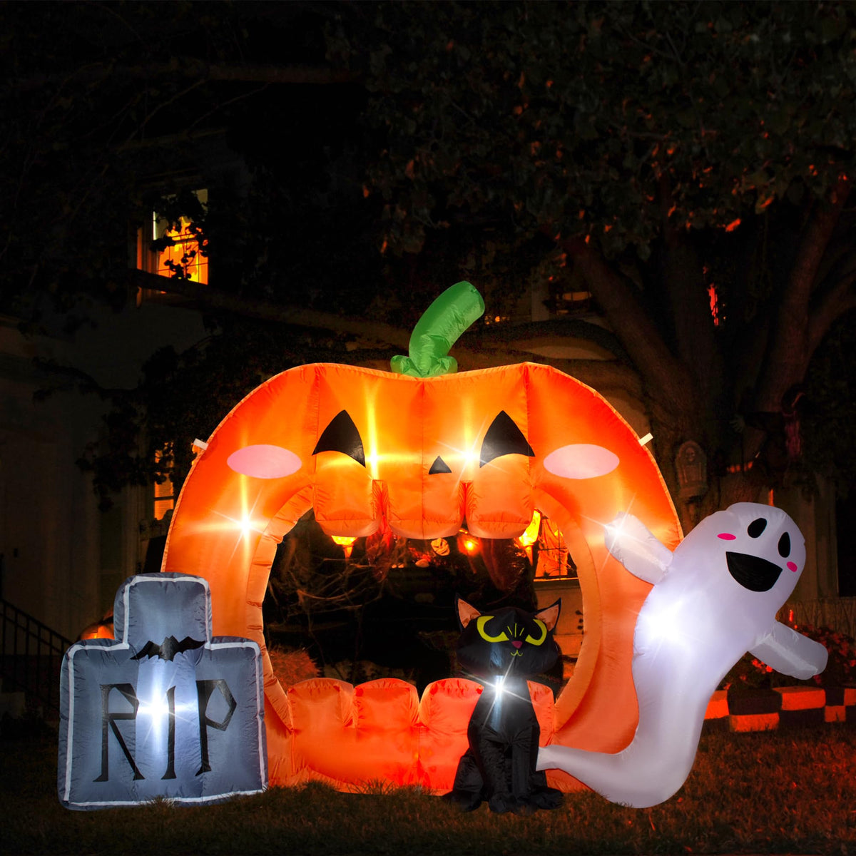 VENLOIS 7FT Halloween Inflatable Pumpkin Photo Frame with Tombstone Black Cat White Ghost,Built-in LEDs for Halloween Blow Up Indoor Decor, Cute Fun Holiday/Party/Yard/Garden Fantasy Party Display