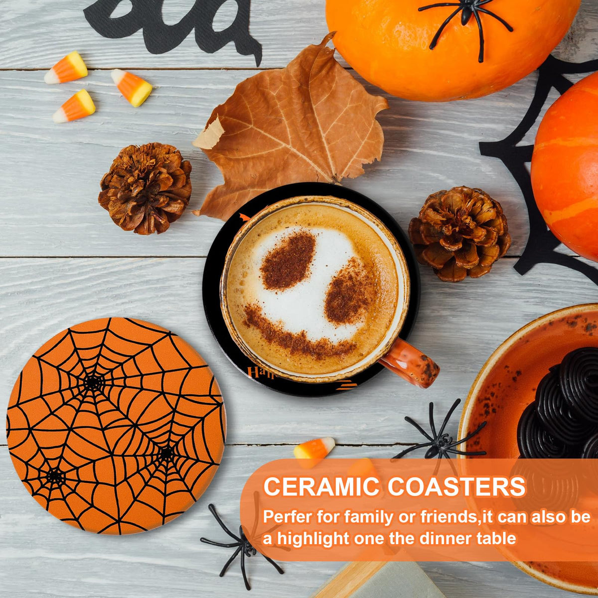 JarThenaAMCS 4Pcs Halloween Coasters Orange Black Round Ceramic Coaster Trick or Treat Heat-Resistant Cup Mats for Wooden Table Protection Home Party Supplies