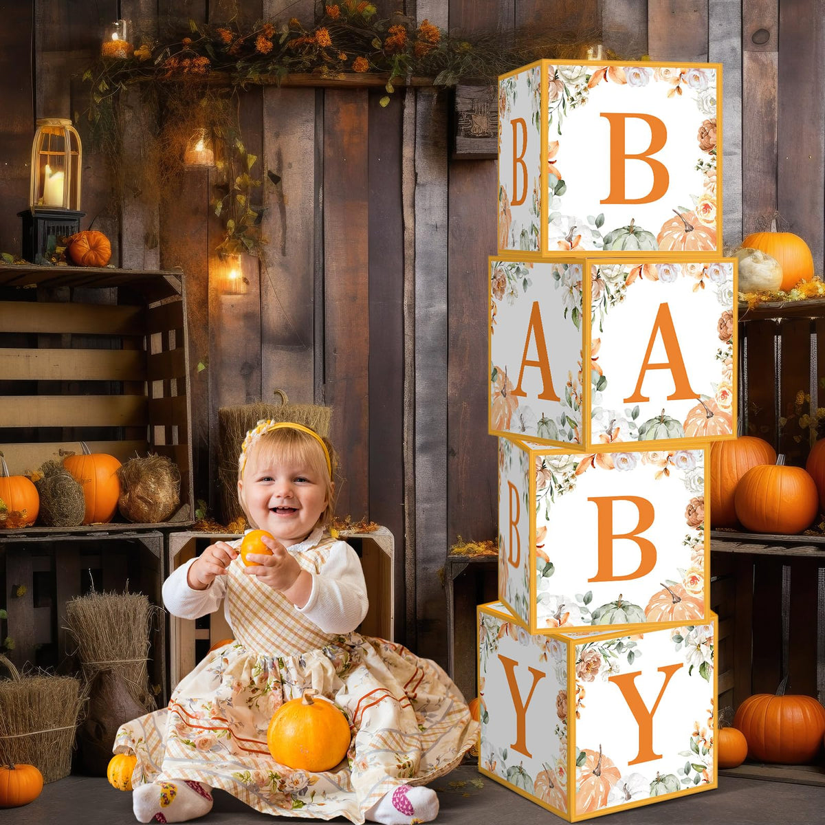 AmazingSpark 4 Pcs Little Pumpkin Baby Shower Boxes with Letters Fall Pumpkin Candy Box Decor with Letters Blocks Baby Shower Centerpiece for Party Backdrop