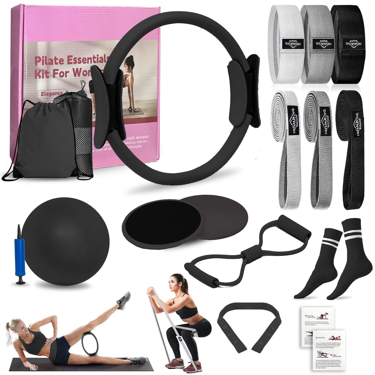 DICYWUDI Pilates Essentials Kit for Home Women, Pilates Equipment for Workouts, 6 Fabric Resistance Bands, 12 Inch Magic Circle Yoga Ring, Mini Exercise Ball, Great Exercise Equipment