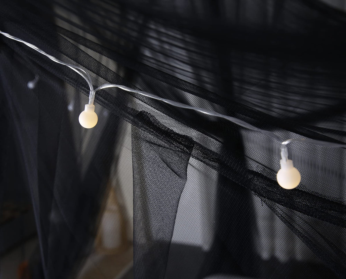 Mengersi Canopy Bed Curtains with Lights,Elegant Bed Canopy Curtains Bed Netting for Full Queen King Size Bed,Halloween Decoration,Gothic Black Room Decor Aesthetic
