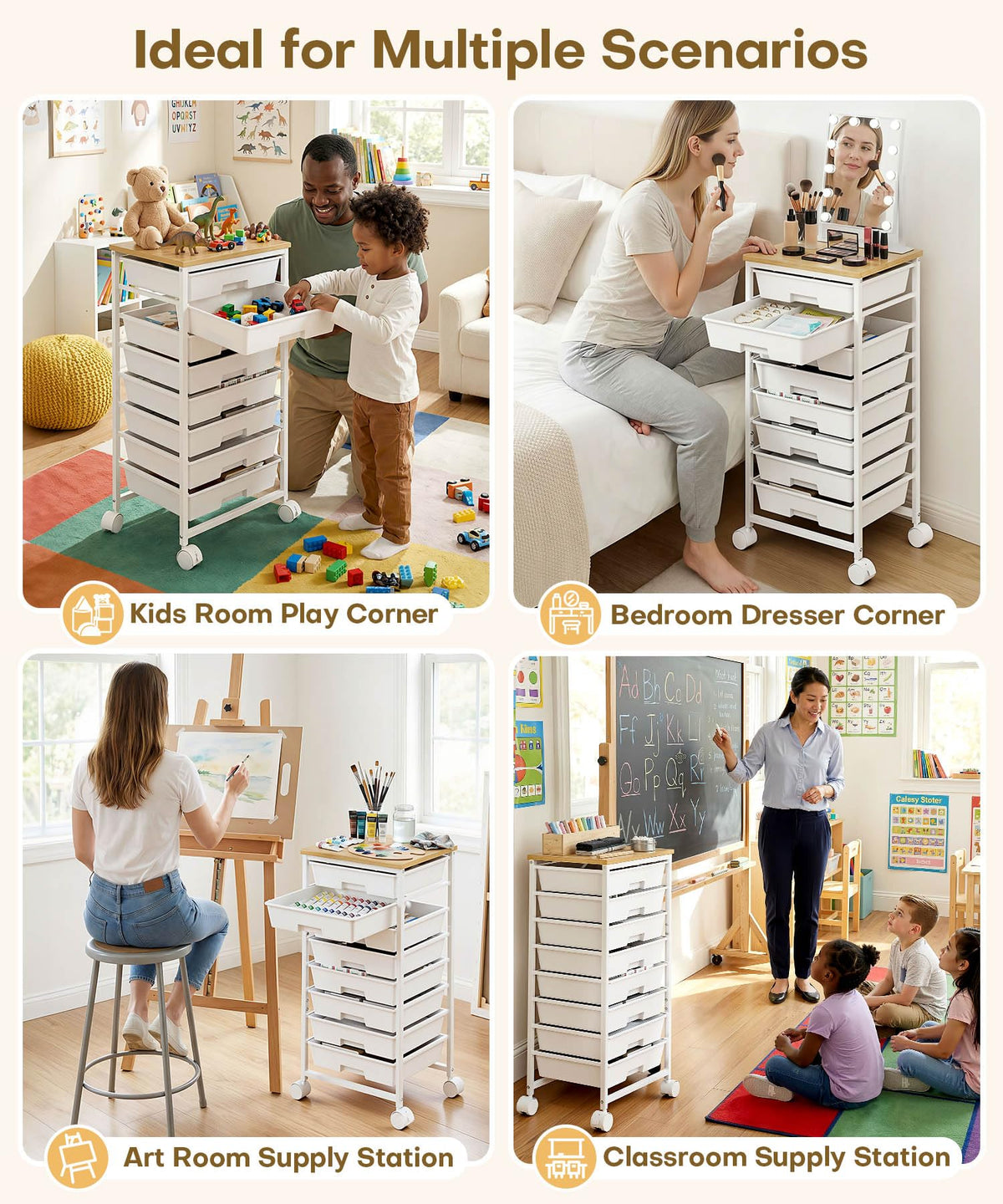 Homde Rolling Storage Drawer Cart: 8-Drawer Sort to Clear Desk & Dresser Clutter - Anti-Fall Smooth Glide Prevents Spill-Out During Daily Grab - Lockable Wheels Keep It Steady