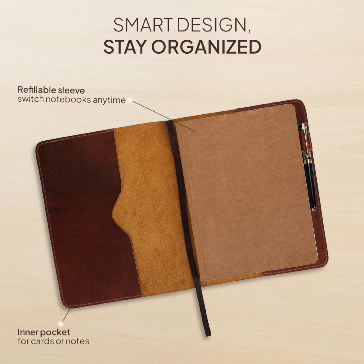 TheAntiq Tan B5 Journal Cover for Field Notes - 7.5x10 XL Leather Notebook Cover Planner Cover, Refillable Leather Journal Cover, Composition Notebook Cover & Diary Cover for Travel