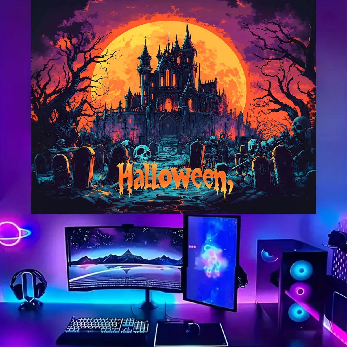 BSFHH Black Light Tapestry – UV Reactive Glow in the Dark Wall Hanging, Spooky Night Scene with Ghosts & Pumpkins, Haunting Home Decor for Parties, Bedroom, or Dorm (GHOST TOWN, 90L x 70W, Unframed)