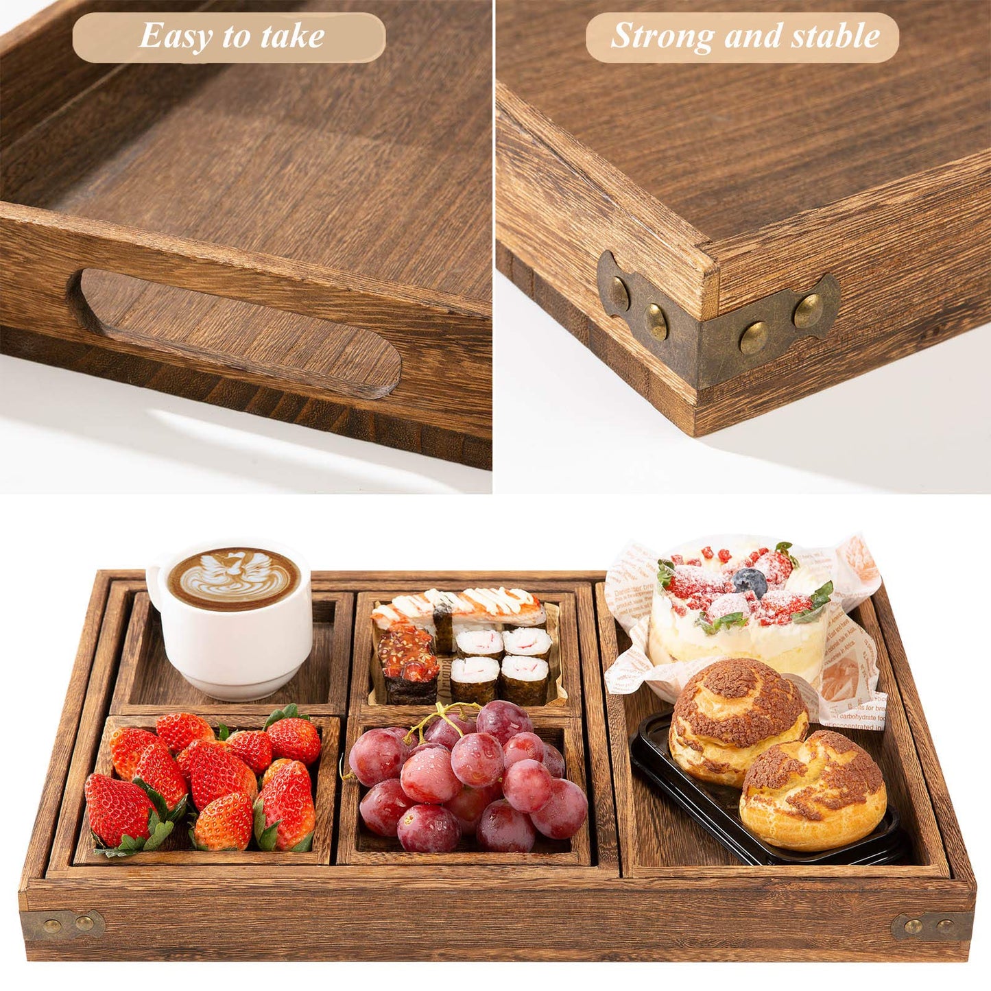 Yangbaga Rustic Wooden Serving Trays with Handle - Set of 7 Rectangular Platters for Entertaining, Breakfast, Coffee Table, Home Decor