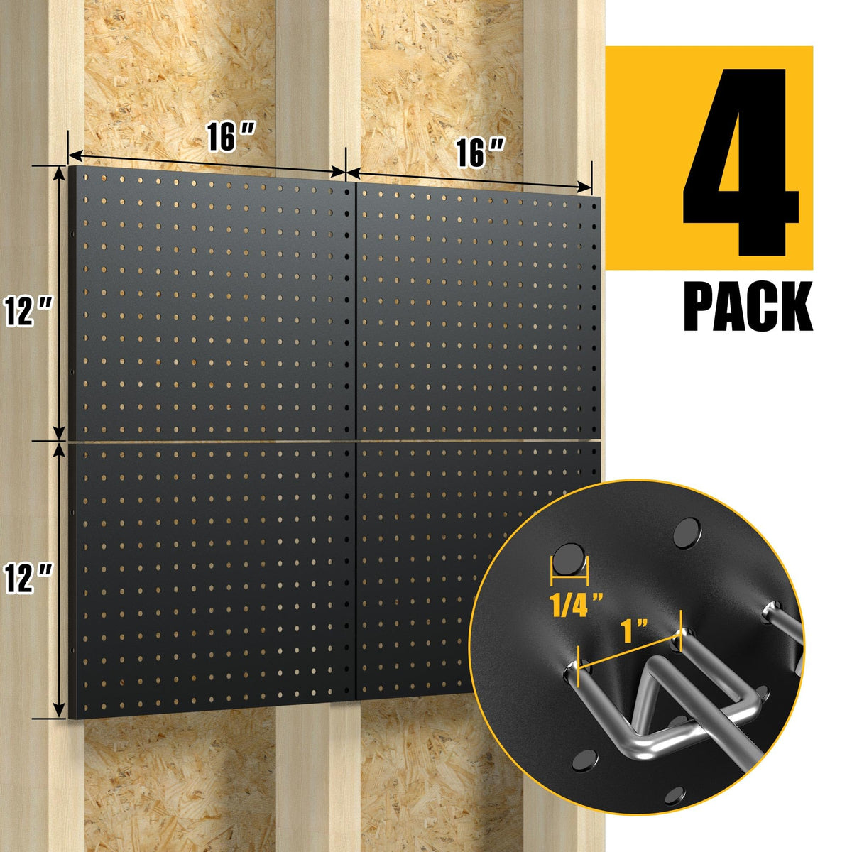 Spampur Peg Board, 4 Pack Metal Pegboard Panels with 50 Hooks, Black Pegboards Wall Organizer, Heavy Duty Peg Board for Walls Home, Garage Tool Storage, Office Organization, Craft Room, Kitchen