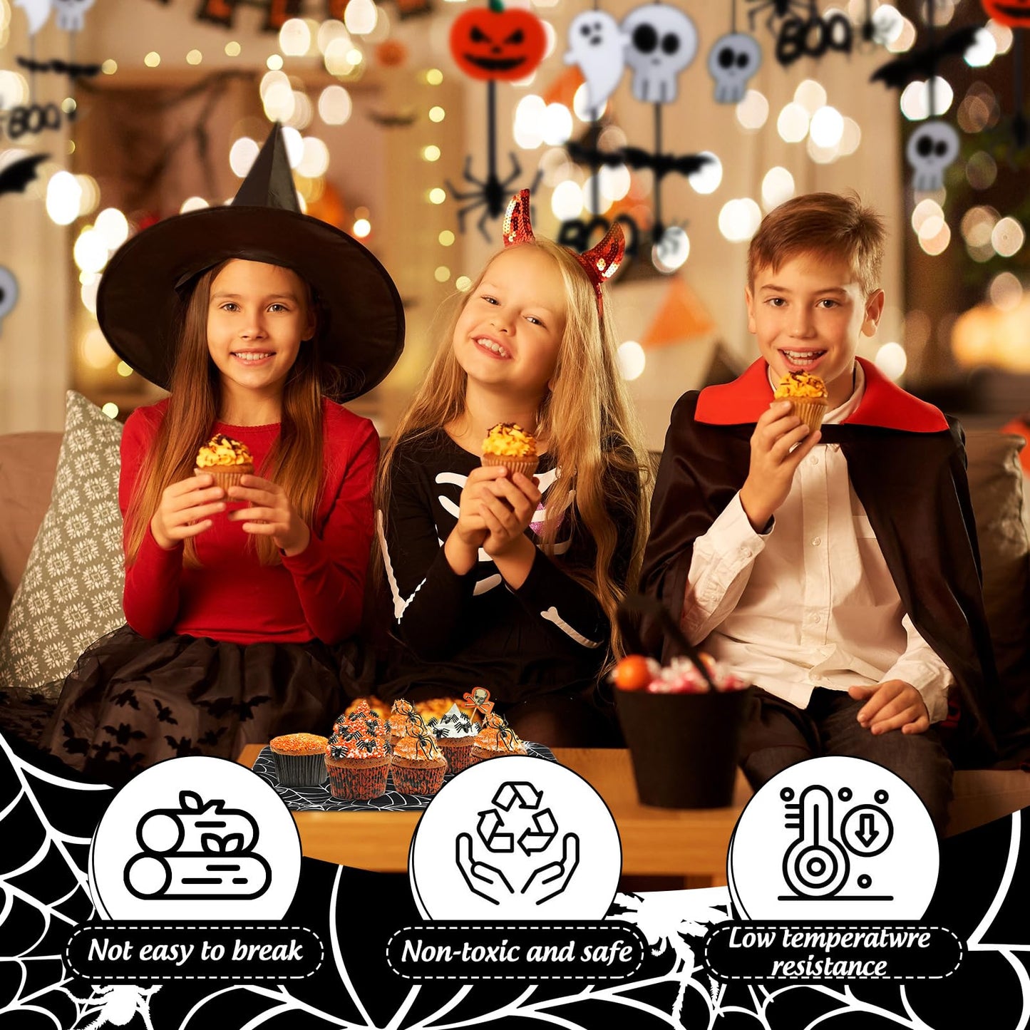 Whaline 3 Pcs Halloween Serving Trays Black White Spider Webs Reusable Melamine Trays Platters for Movie Night Birthday Holiday Party Food Supplies, 10 x 13 Inch