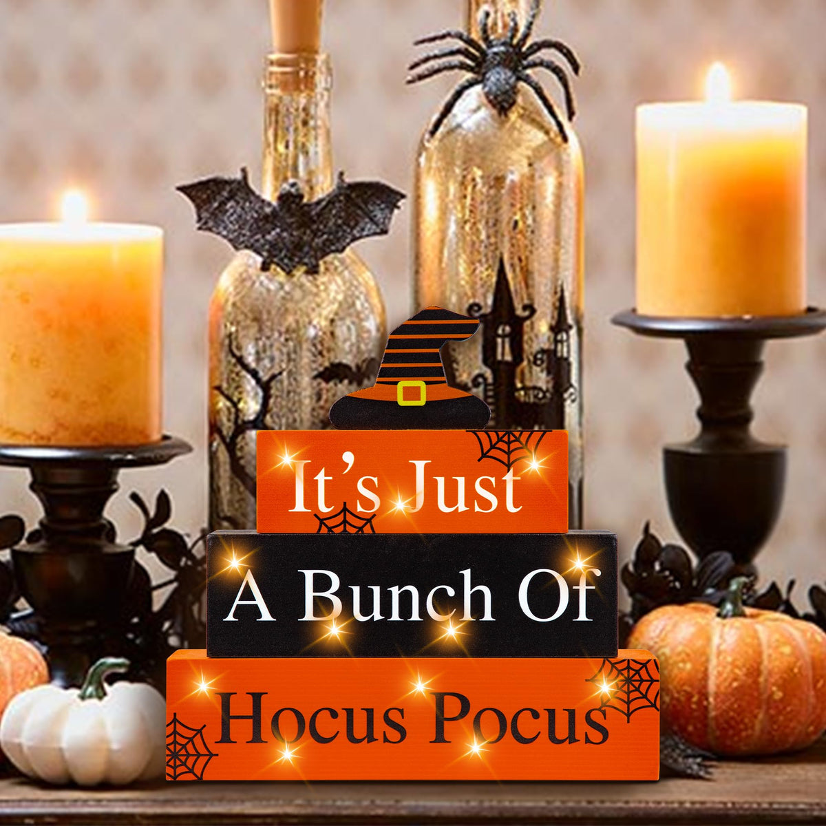 Halloween Wooden Block Sign with Led Lights- Halloween Indoor Decorations Witch Light up Wood Sign Decor for Table Mantle- Halloween Festive Haunted House Farmhouse Home Tabletop Tiered Tray Decor