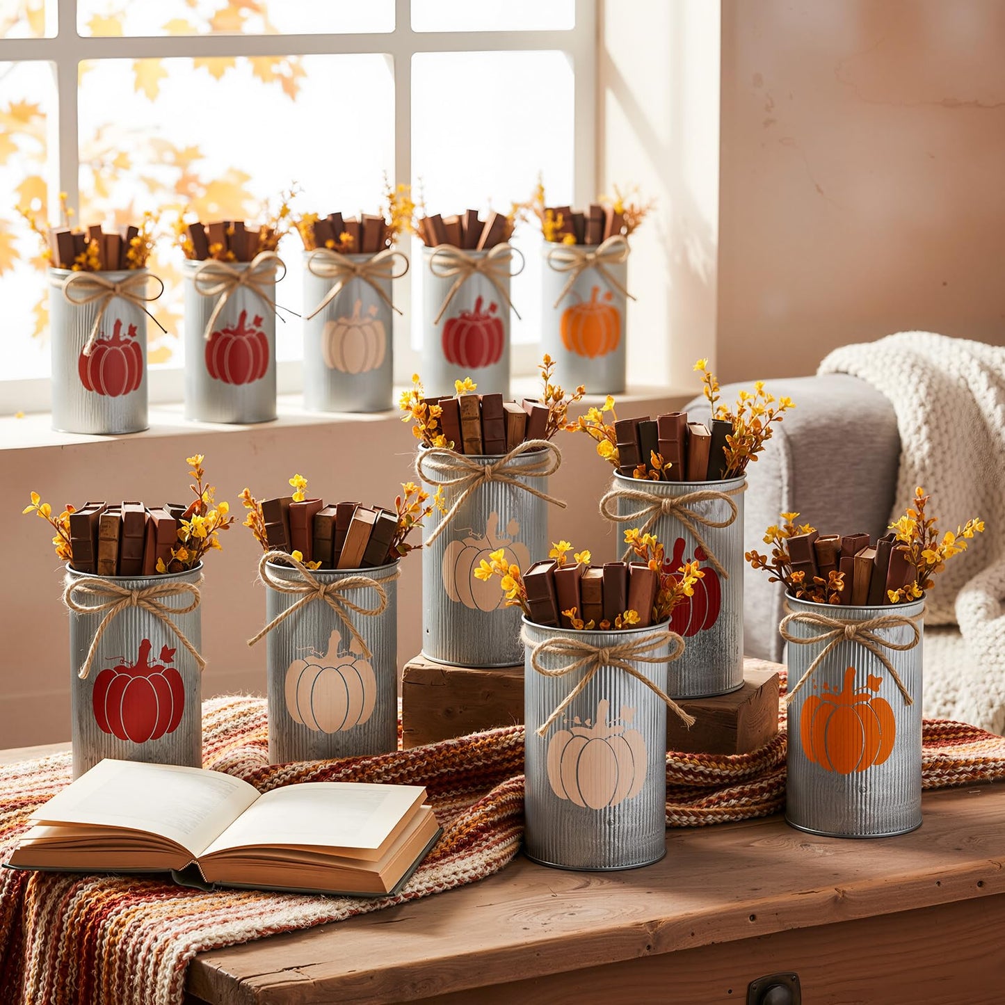 Domensi 12 Pcs Fall Table Centerpiece Pumpkin Vases Thanksgiving Decor Galvanized Metal Vases for Flowers Farmhouse Mason Jars Utensil Holder for Fall Home Thanksgiving Autumn Harvest Decorations