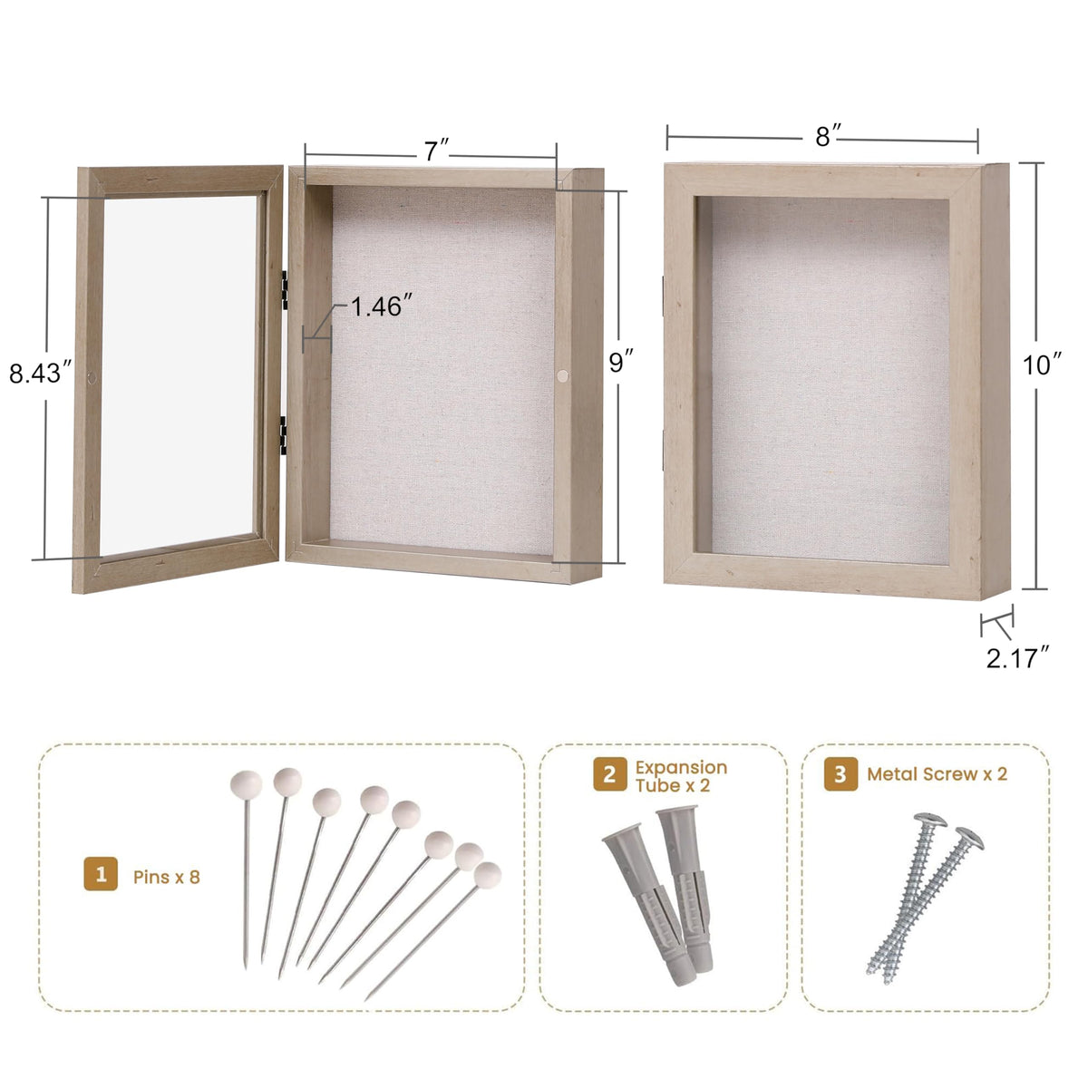 DEMAIKE 8x10 Shadow Box Frame with Linen Back, Wood Glass Display Case for Medals, Photos, Memorabilia, Awards - Pins Included- Champagne
