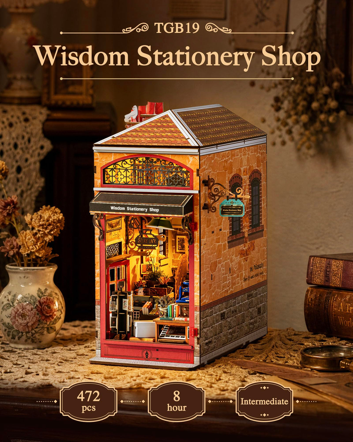 Rolife Wisdom Stationery Shop DIY Book Nook Kit, 8-Hour Advanced Level 3D Wooden Puzzle, Bookshelf Insert Decor, Miniature House Kit with LED Light, Cozy Reading Corner Gift for Adults & Book Lovers