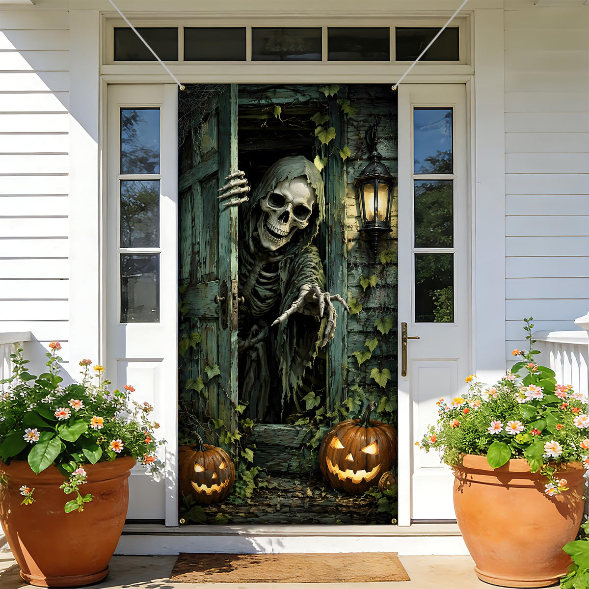 NYZE Halloween Skeleton Front Door Cover Banner, 35.4 x 70.8 Inch Pumpkin Vertical Hanging Door Backdrop, Indoor Outdoor Halloween Party Photography Decorations