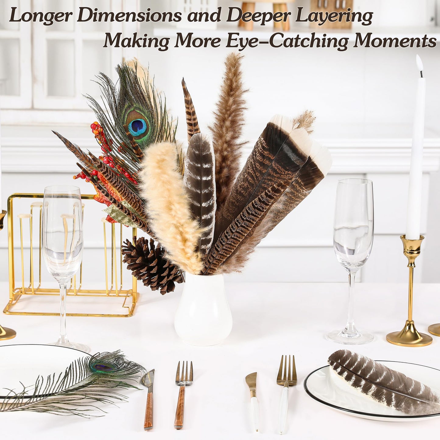 Ballinger 8-12inch 4 Styles 24Pcs Assorted Pheasant Feathers and 24 Pcs 10-12inch Black Ostrich Feaathers for Crafting Vase Hat Wedding Autumn Party Decor