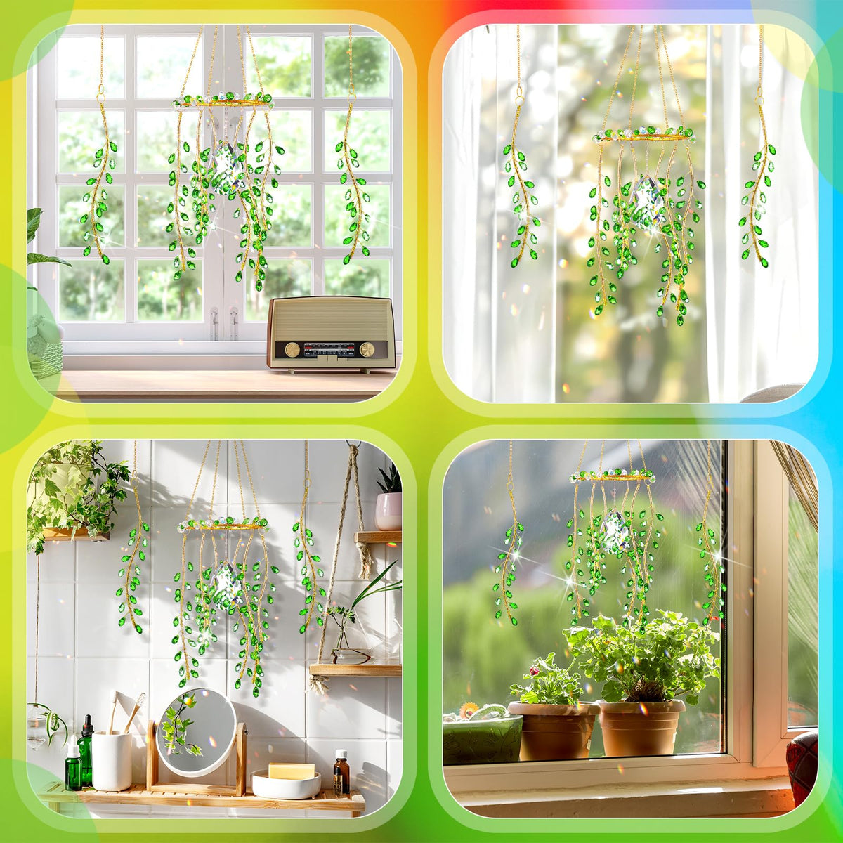 Suncalla 3 Pcs Crystal Suncatchers for Window Boho Decor Plant Sun Catchers Green Plants Artificial Hanging Wind Chime Sun Catchers with Chain Making Rainbow Indoor Outdoor Decor Plant Lover Gift