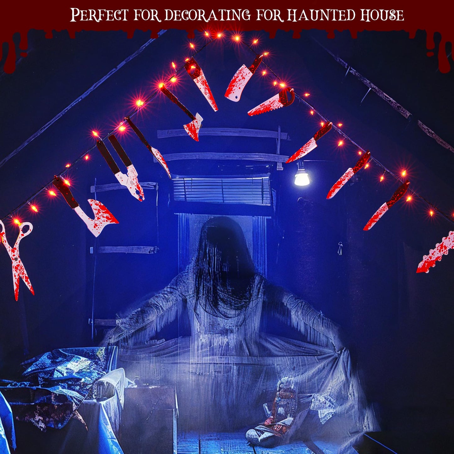 BlcTec Scary Halloween Decorations, 12 FT Halloween String Lights with 16 Fake Bloody Knives & 50 LED Orange Big Bulbs, 8 Modes Battery Operated Bloody Party Supplies for House Décor
