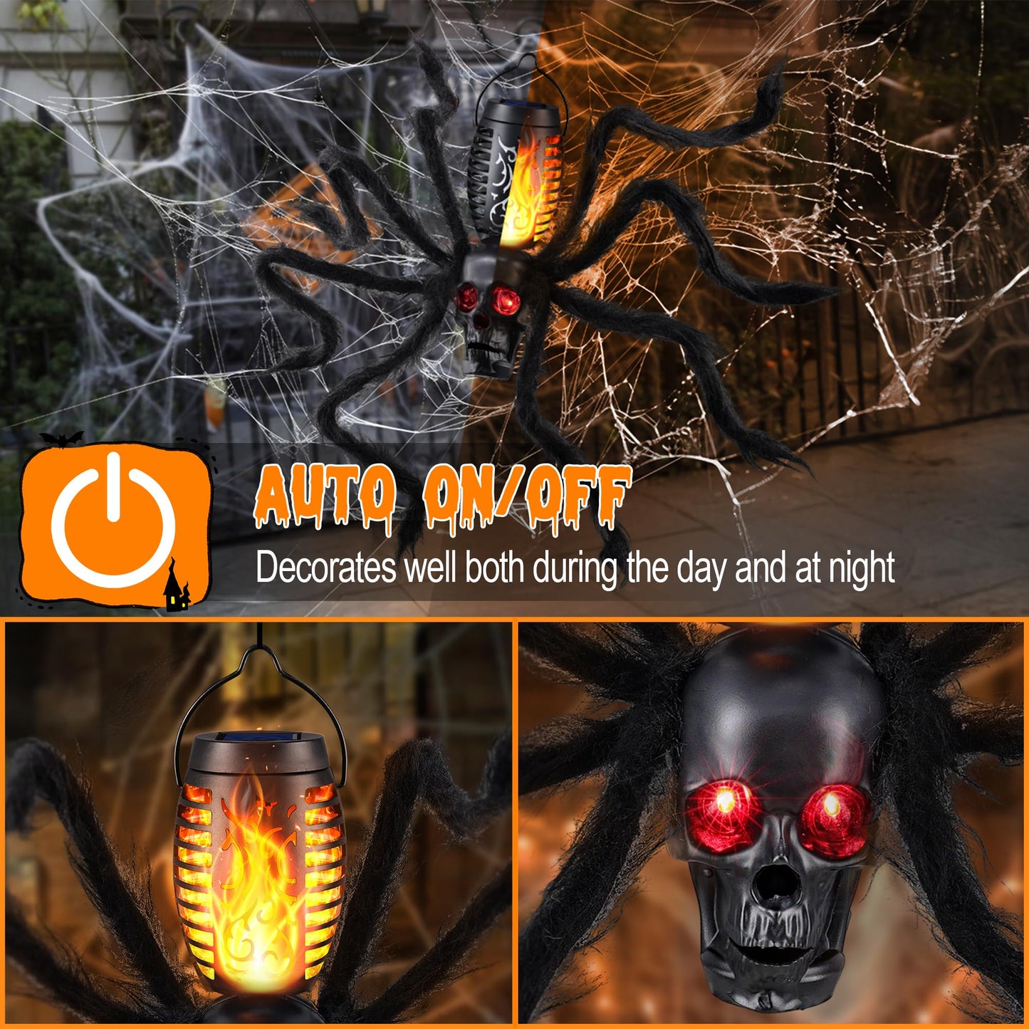 Halloween Skull Flame Light with 8 Spider Tentacles - Solar Powered Outdoor Lighting Decoration for Halloween Parties, Gardens, and Haunted Displays (Orange, 1 Pack)