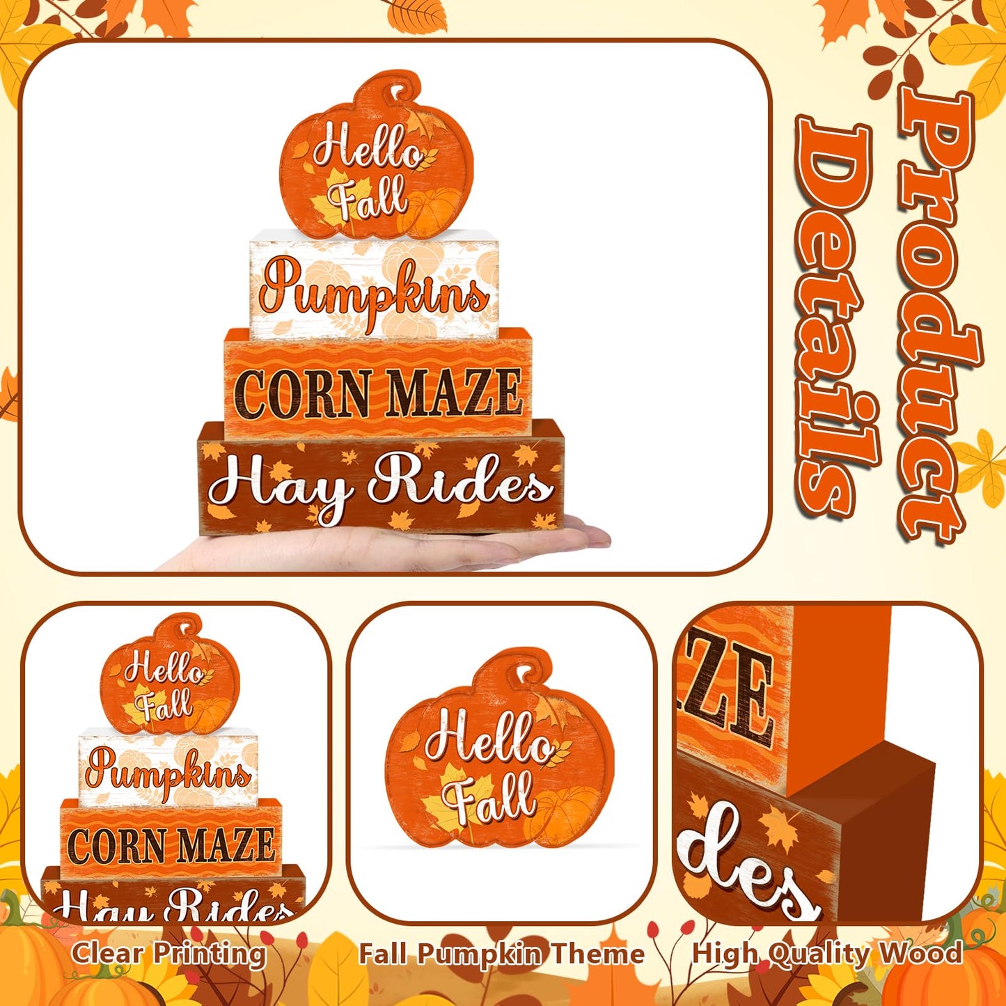 4 Pcs Fall Decorations for Home Thanksgiving Pumpkin Tiered Tray Decor, Fall Table Decor Farmhouse Rustic Wooden Pumpkin Block Sign Autumn Harvest Tabletop Centerpieces for Home Kitchen Indoor