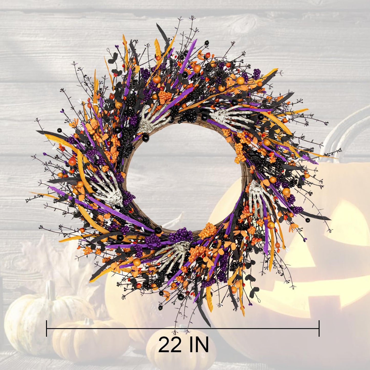 VioletEverGarden Halloween Wreaths for Front Door 22 Inch Skeleton Black Wreath Handmade Halloween Door Wreath with Purple and Orange Berries for Gothic Decorations