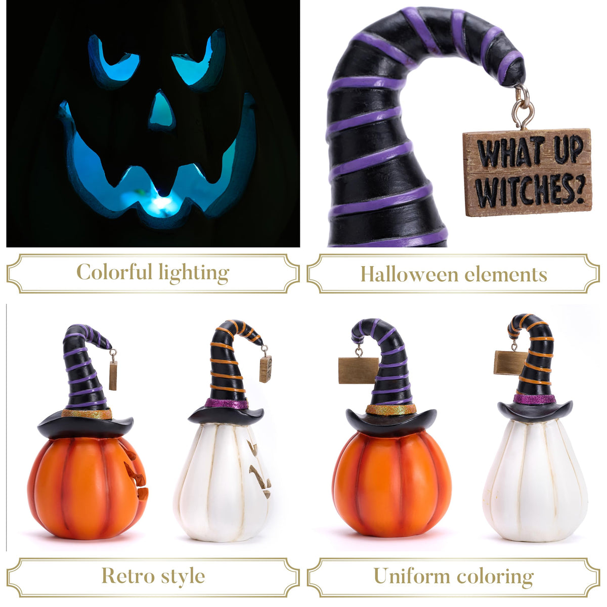 Valery Madelyn Pumpkin Halloween Decorations Indoor for Home, 2Pcs Resin Halloween Figurines with Light, White and Orange Jack o Lantern Decor with Witch Hat for Table Tiered Tray, 5.7" Tall