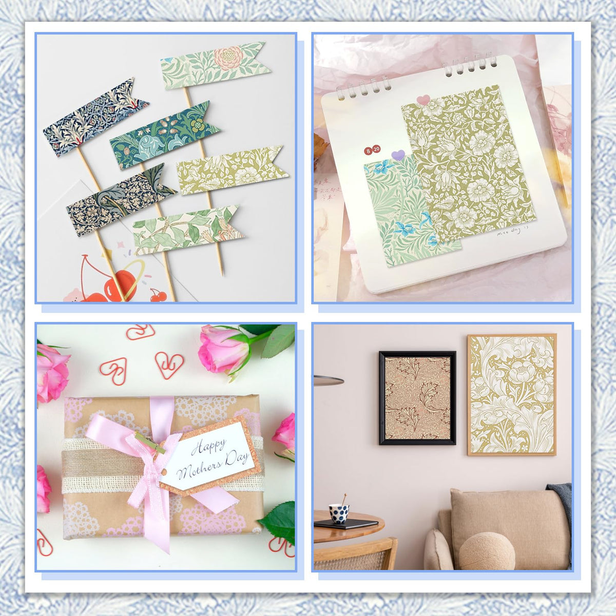 24 Sheets Scrapbook Paper 12" Double-Sided Photo Backdrop Bohemian Patterned (Floral Design J)