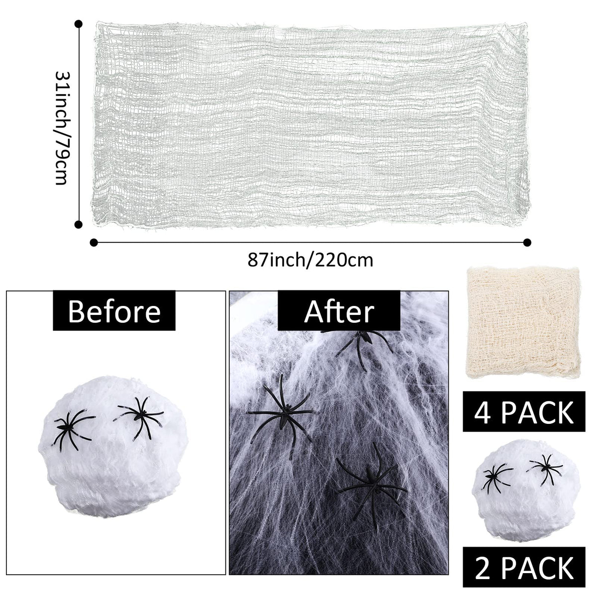 Tatuo 4 Pack Halloween Creepy Cloth 31 x 87 Inch with 2 Stretch Spider Web Spooky Scary Creepy Gauze Cloth for Halloween Party Supplies Home Wall Doorway Outdoor Yard Decor(White)