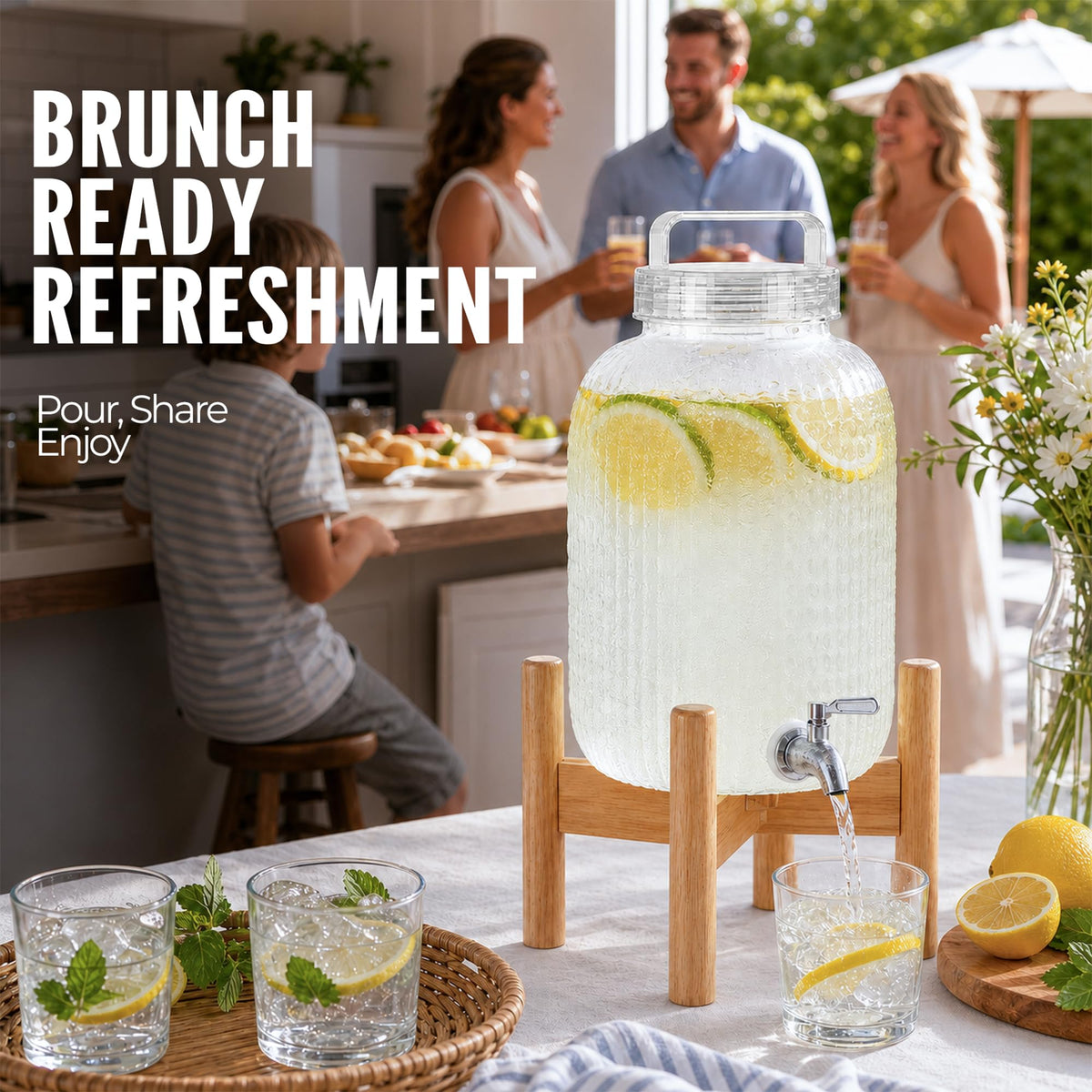 EGGKITPO 2 Pack 1.5 Gallon Drink Dispensers for Parties Hosting Wedding Beverage Dispenser with Wood Stand and Spigot, BPA-Free Polycarbonate Lemonade Container for Halloween Home Buffet Iced Tea