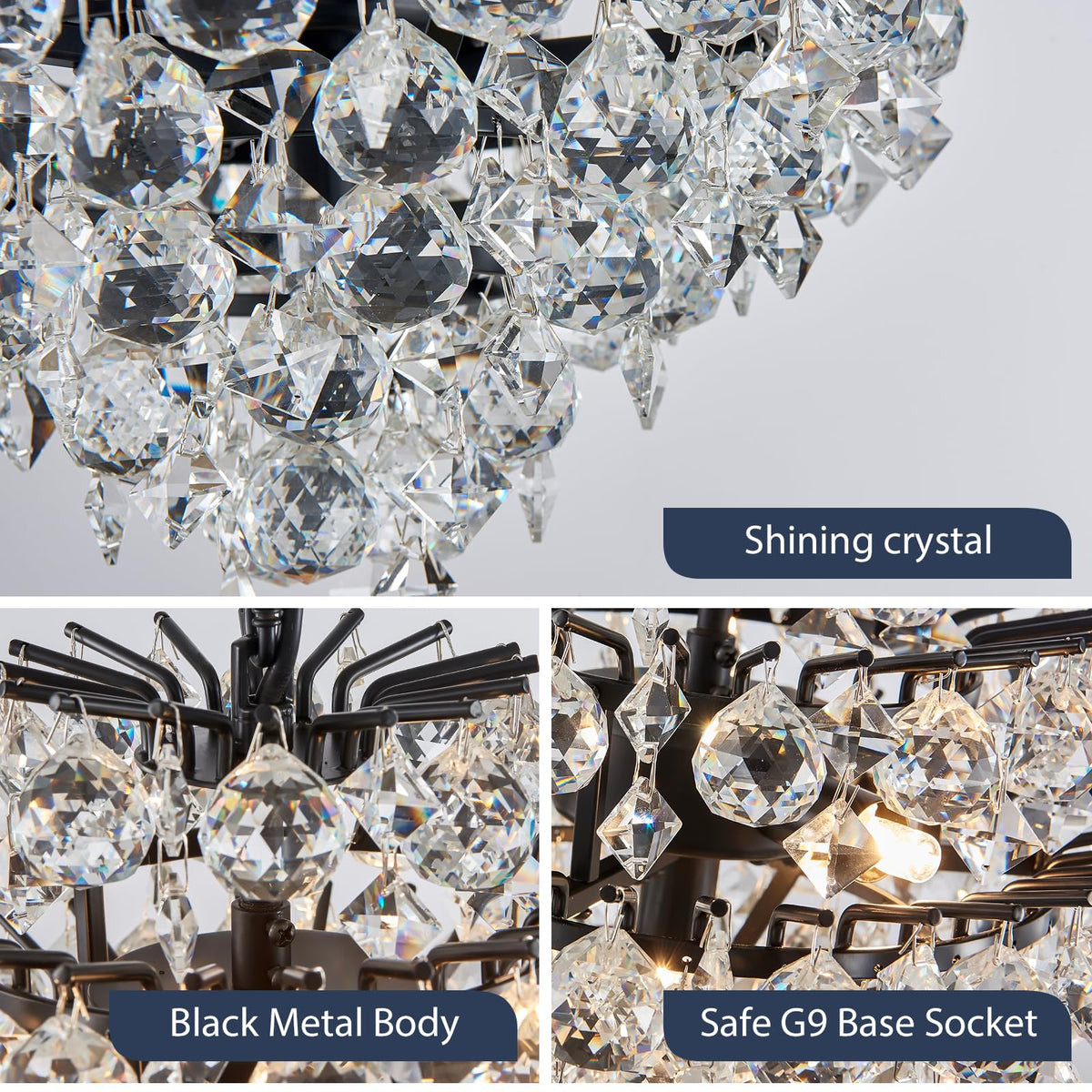 Bestier Black Pendant Chandelier Lighting Fixture, Crystal Raindrop, 4 G9 Bulbs Required, 11in x 12in Model AK-AJ-18183