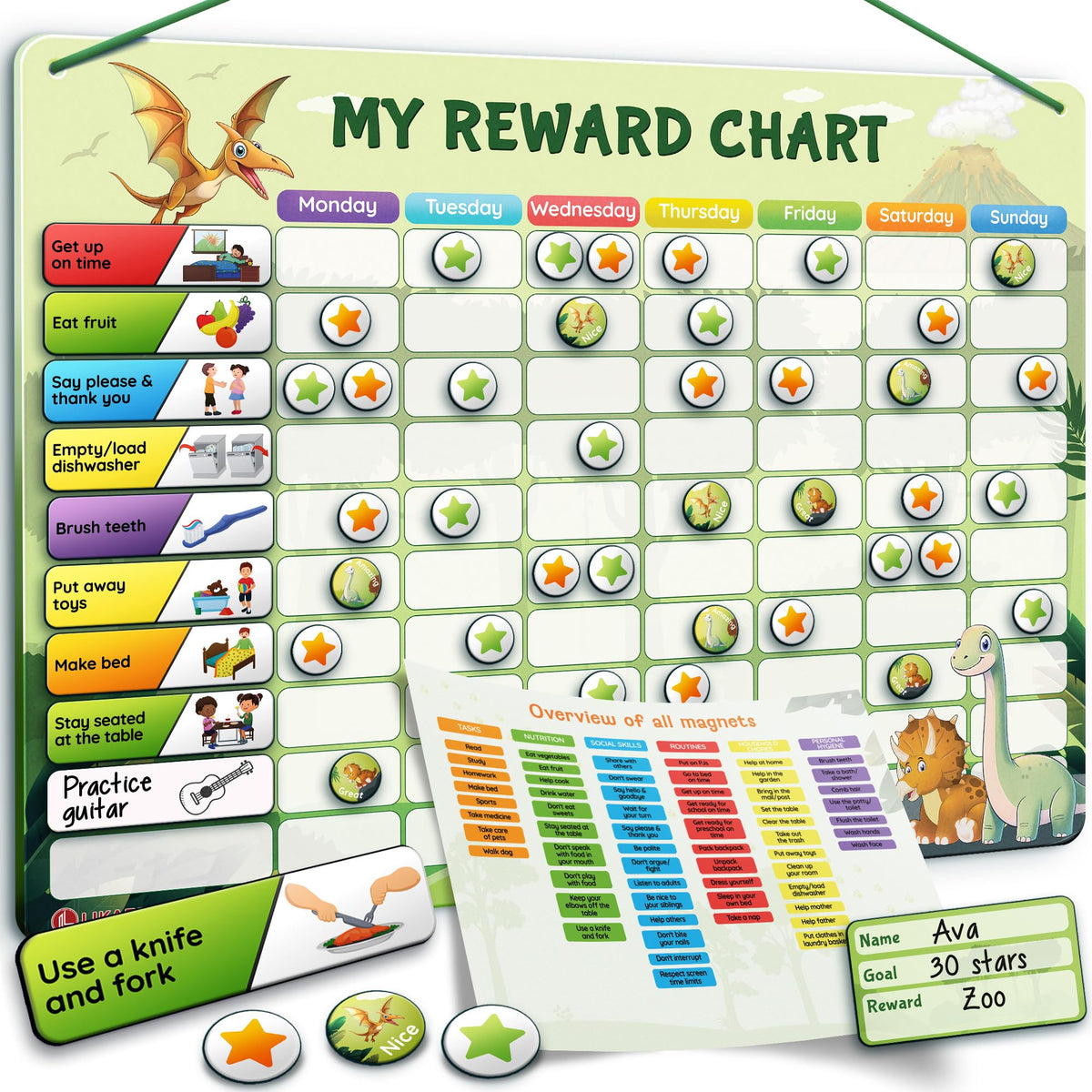 LIKARTO Magnetic Reward Chart for Kids with 280 Magnets - Behavior Chart for Kids at Home - Responsibility Reward Chart - Chore Chart - Visual Schedule - Ideal for Ages 3-9, Autism, ADHD - Green