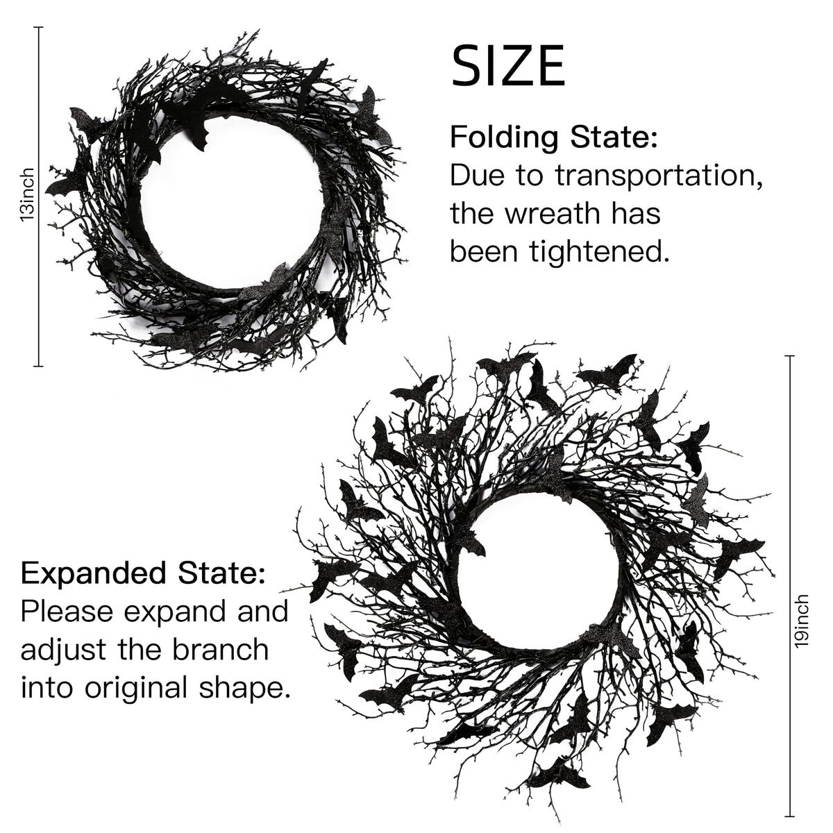 Sggvecsy 17.7"Artificial Black Twig Wreath with Glitter Bats - Handmade Sparkling Hanging Decorations for Front Door, Indoor/Outdoor Halloween Party