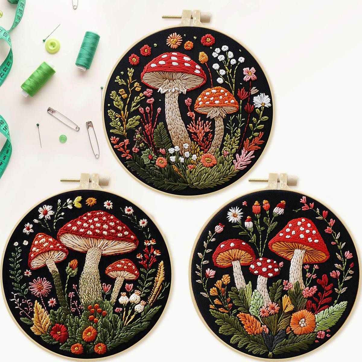 SCECALA 4 Pack Mushroom Embroidery Kit - Botanical Flower Floral Hand Embroidery Kit for Beginners with Pattern, Complete Cross Stitch Supplies DIY Craft for Adults Sewing Hobby, 1pc Hoops