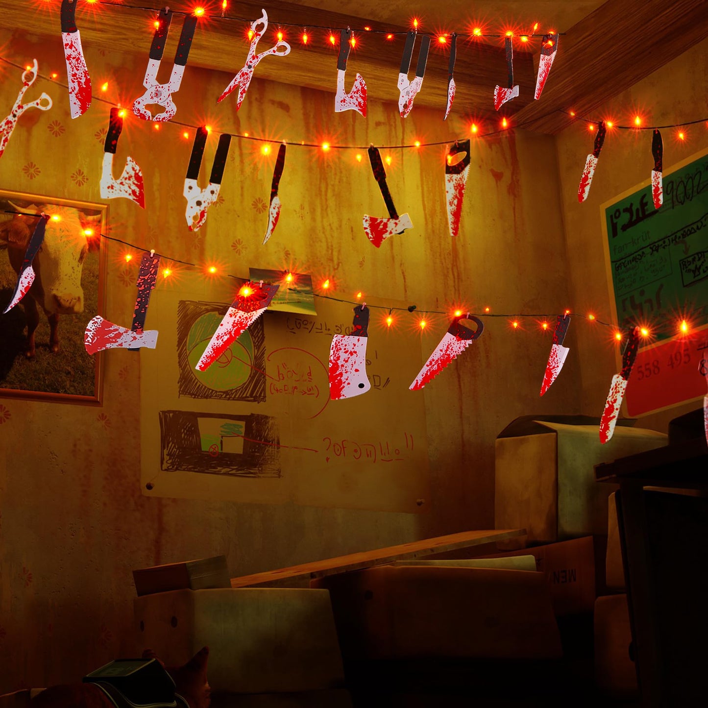 BlcTec Scary Halloween Decorations, 12 FT Halloween String Lights with 16 Fake Bloody Knives & 50 LED Orange Big Bulbs, 8 Modes Battery Operated Bloody Party Supplies for House Décor