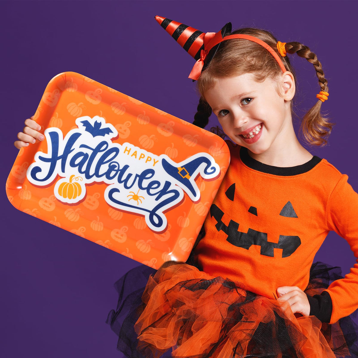 Zubebe 3 Pcs 13 x 10 Inch Halloween Serving Tray, Reusable Serving Dishes, Black Orange Purple Platter, Pumpkin Bat Witch Hat Trays, Snacks Fruit Dessert Candy Holder Dishes for Halloween Party