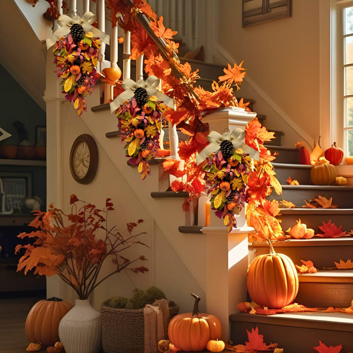 Svndlyn Harvest Teardrop Swag Autumn Floral Swag Wreath with Pumpkin Pine Cones Berries Maple Leaves and Burlap Bow Fall Teardrop Wreath for Home Door Wall Mantel Window Decor