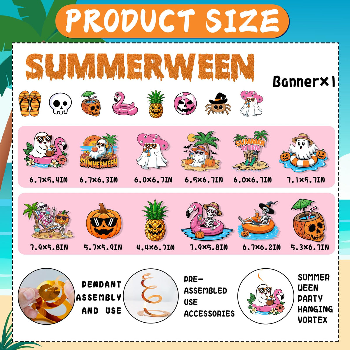 Summerween Decorations, Summer ween Party Supplies with Summerween Banner Garland and Hanging Swirls, Pumpkin Ghost Skull Summer Halloween Decorations for Bearch Pool Decorations