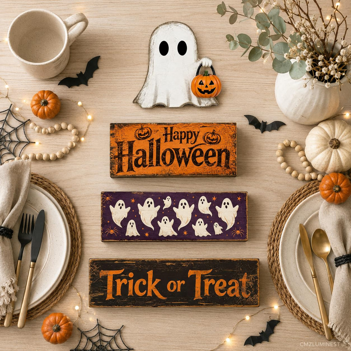 4 Pcs Halloween Table Decorations, Rustic Farmhouse Wooden Block Signs with Ghost & Jack-o'-Lantern, Trick or Treat Tiered Tray Decor, Happy Halloween Tabletop Centerpiece for Home Office Mantel Kitchen Shelf