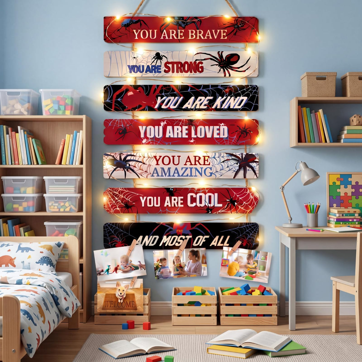 Threehoney Spider Room Decor with LED Lights for Boys Bedroom Wall Decor, Inspirational Spiders You Are Brave Wall Lights Art Decorations for Little Boy Kids Teen Room Playroom Sign Birthday Gifts