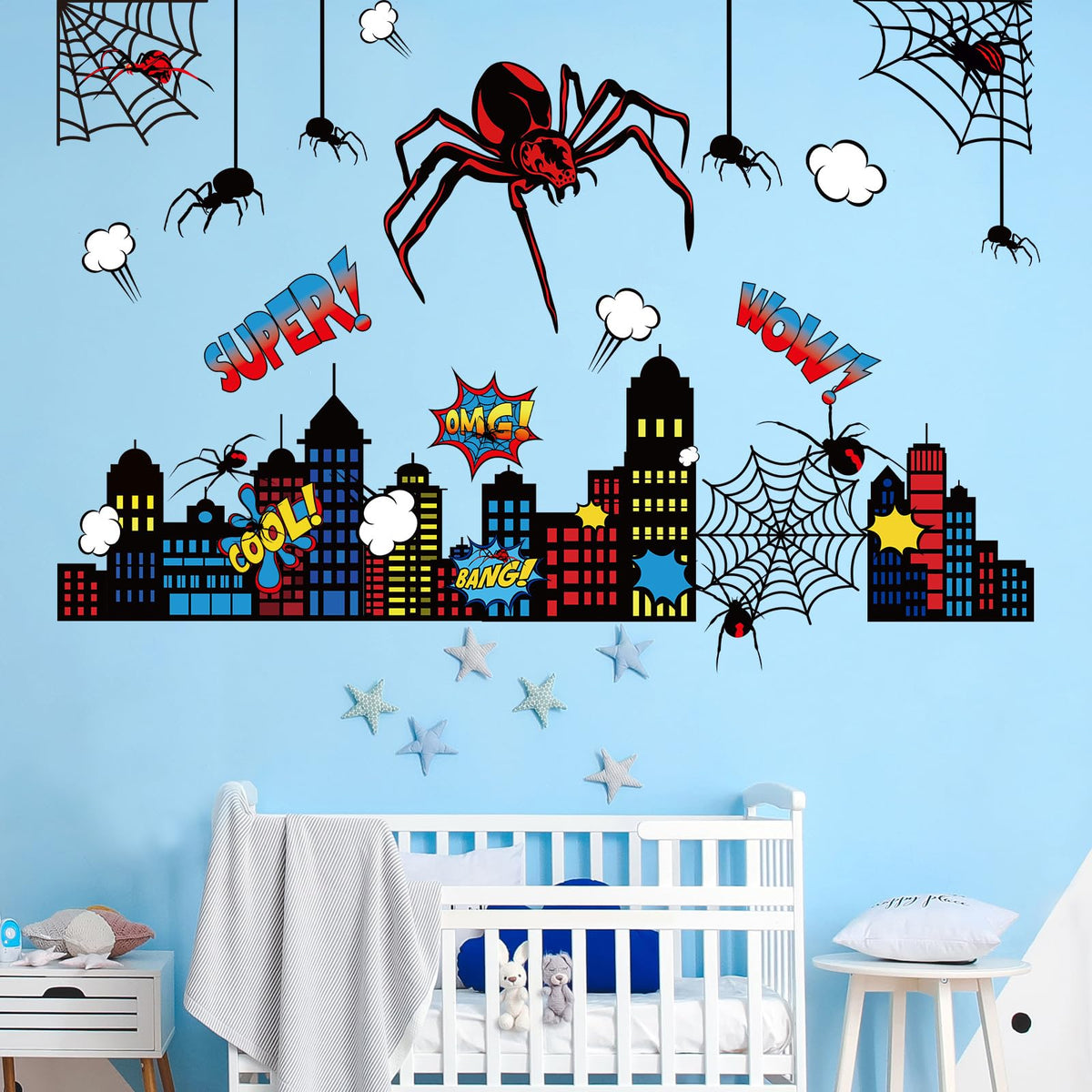 Gilprop Spider Theme Wall Stickers Spiderweb Wall Decal Colorful City Skyline Decor Pack Cool Comics Style Peel and Stick(L,Spider)