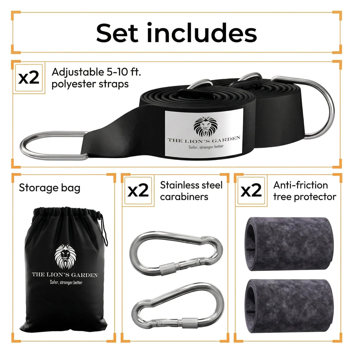 The Lion’s Garden Tree Swing Straps 2 Pack – Adjustable 5–10 ft Tree Swing Hanging Straps, Heavy Duty Hammock Straps for Trees with Carabiners & Tree Protectors Up to 3376 Lbs