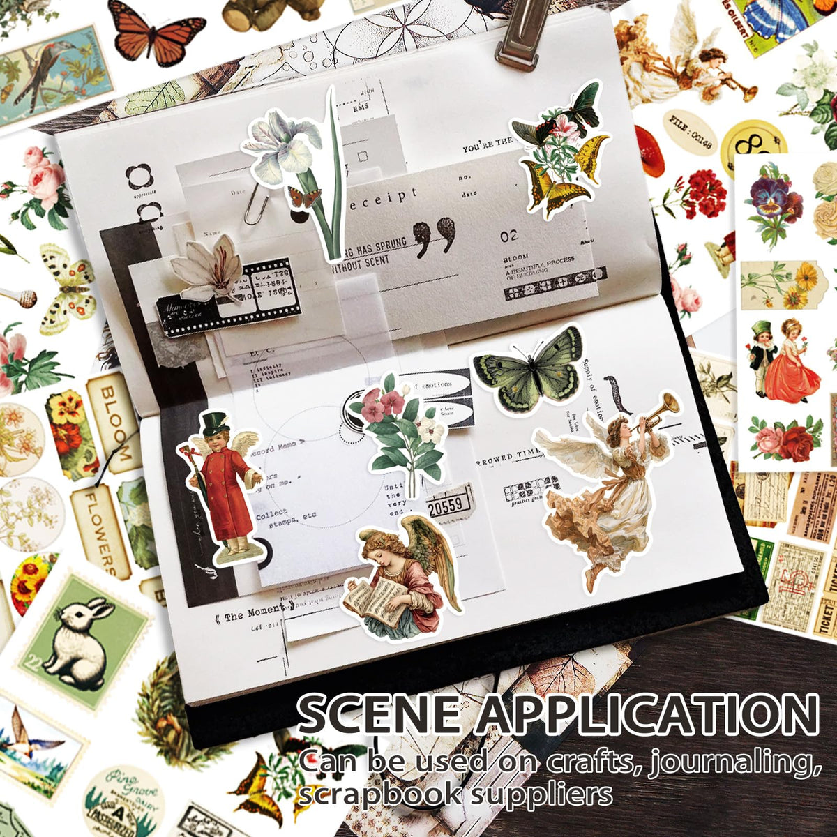 Bomichi Vintage Sticker Book with Washi Paper, Aesthetic Journaling Stickers for Scrapbooking, Bullet Junk Journal, Teen Girl, Water Bottle, Laptop, Planner, DIY Crafts