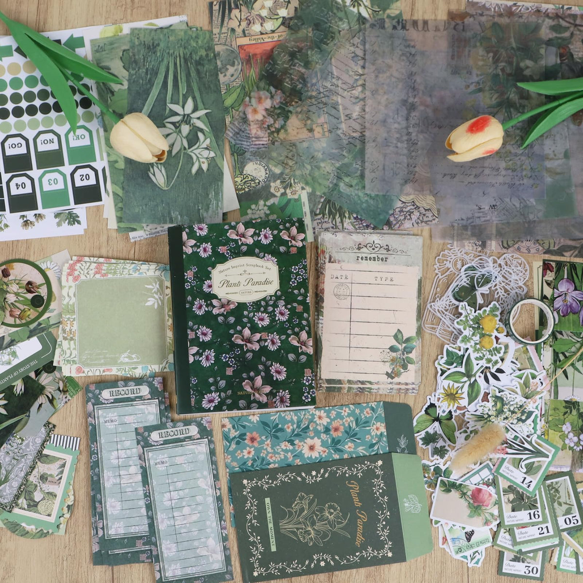 Koqye Green Plants Scrapbook Kit - 157-Piece DIY Craft Supplies for Holiday Cards, Journals & Gifts Includes Notebook, Washi Tape, Stickers & More (Green Plants)