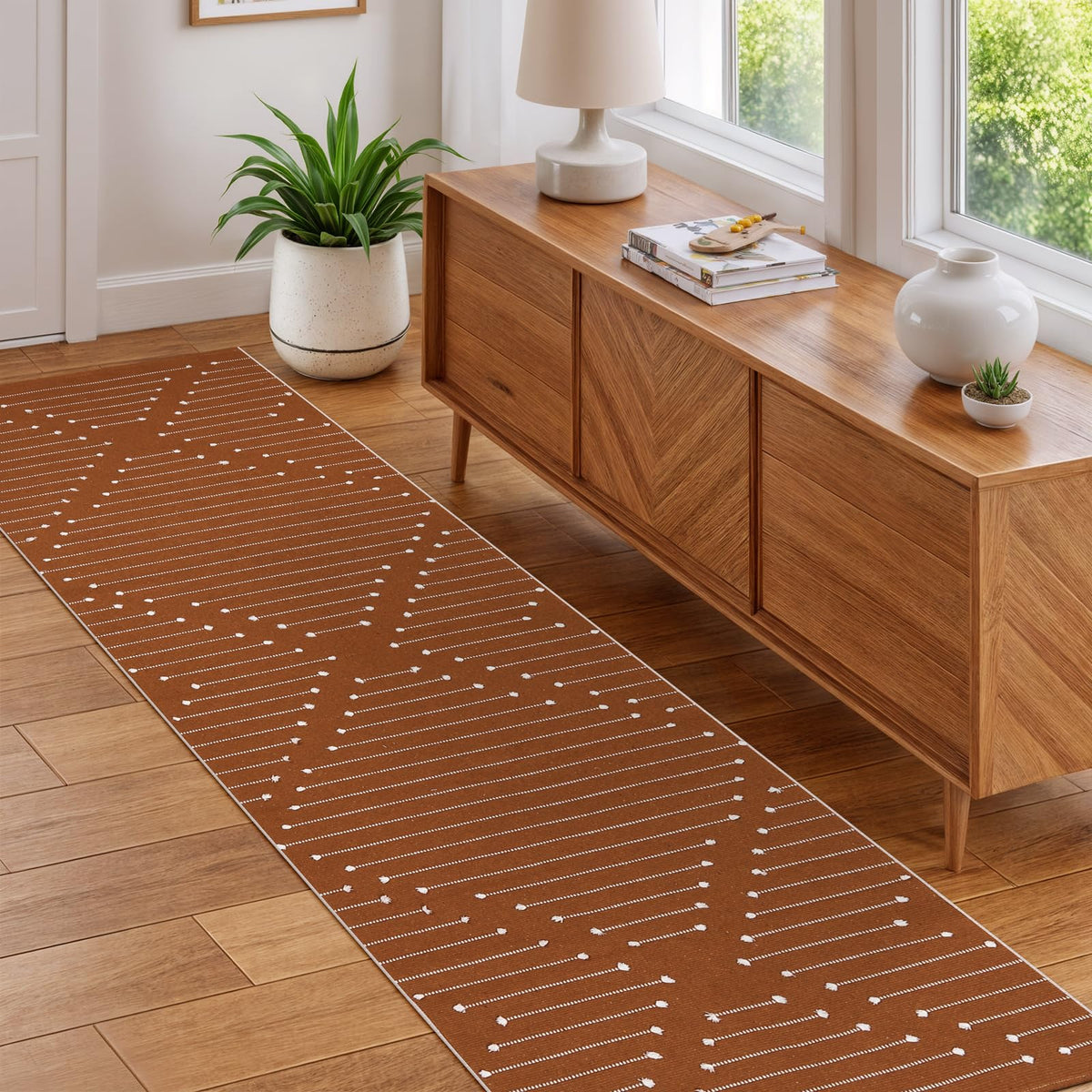 LIVEBOX Burnt Orange Runner Rug- 2x8 Runners for Hallway Kitchen, Cotton Blend Long Entryway Area Rugs, Boho Washable Long Mat Fall Halloween Decor Rugs