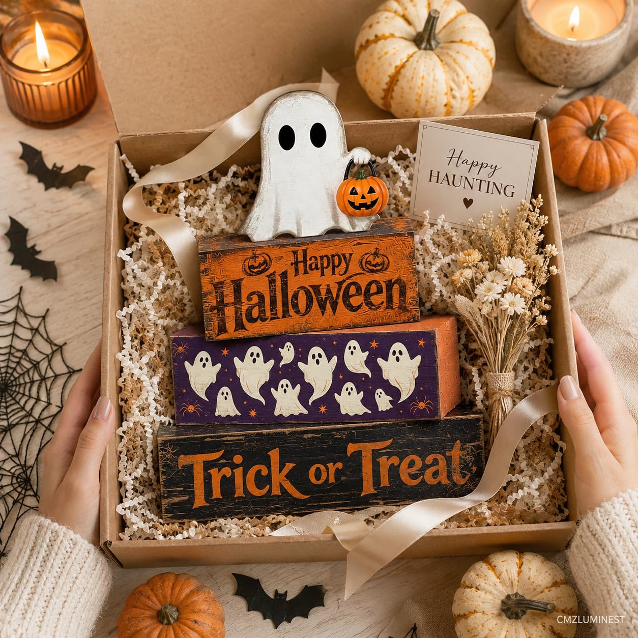 4 Pcs Halloween Table Decorations, Rustic Farmhouse Wooden Block Signs with Ghost & Jack-o'-Lantern, Trick or Treat Tiered Tray Decor, Happy Halloween Tabletop Centerpiece for Home Office Mantel Kitchen Shelf