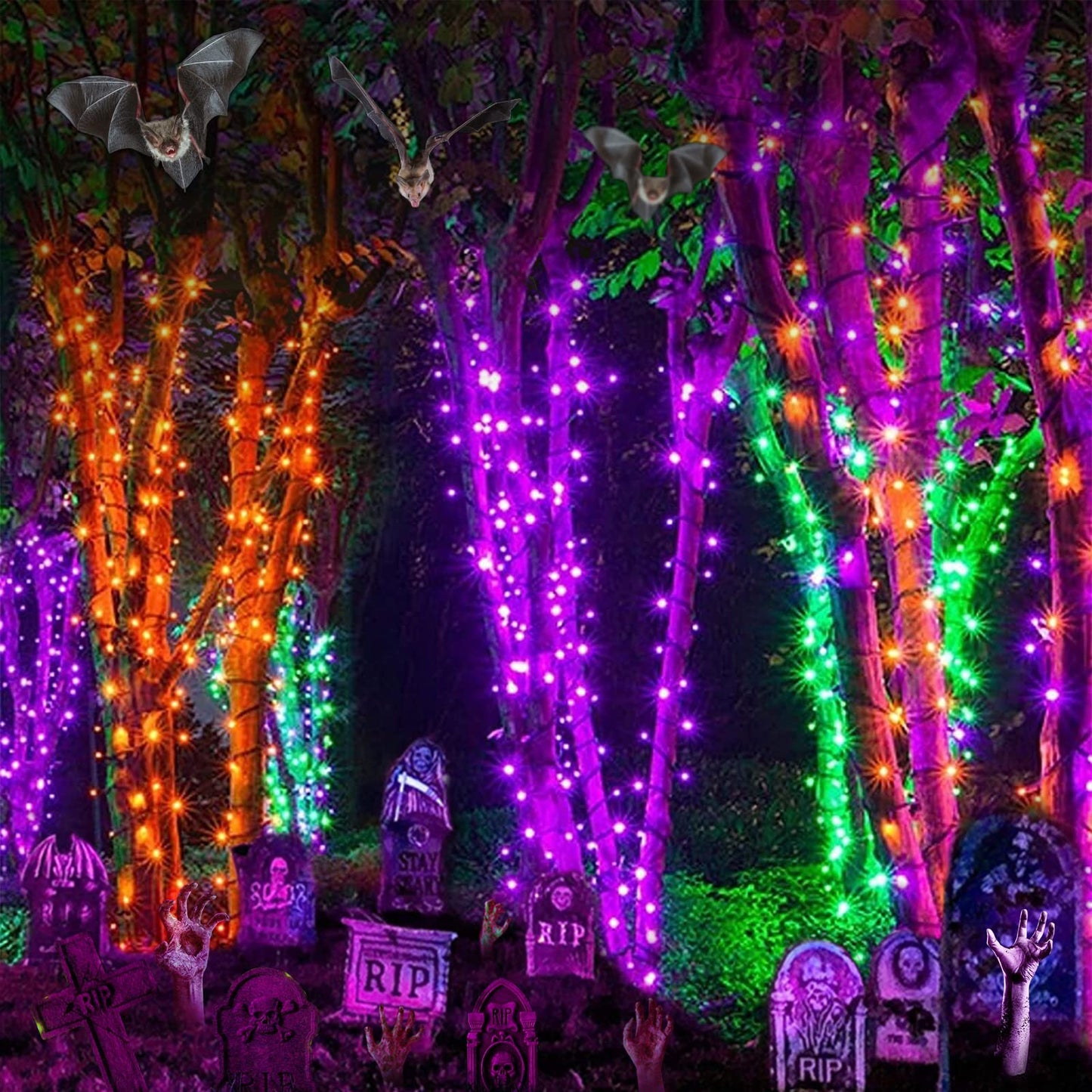 Joomer Orange Purple Halloween Lights, 100FT 300 LED String Lights with 8 Modes Timer Waterproof Plug in Indoor Outdoor String Light Connectable for Halloween Decorations