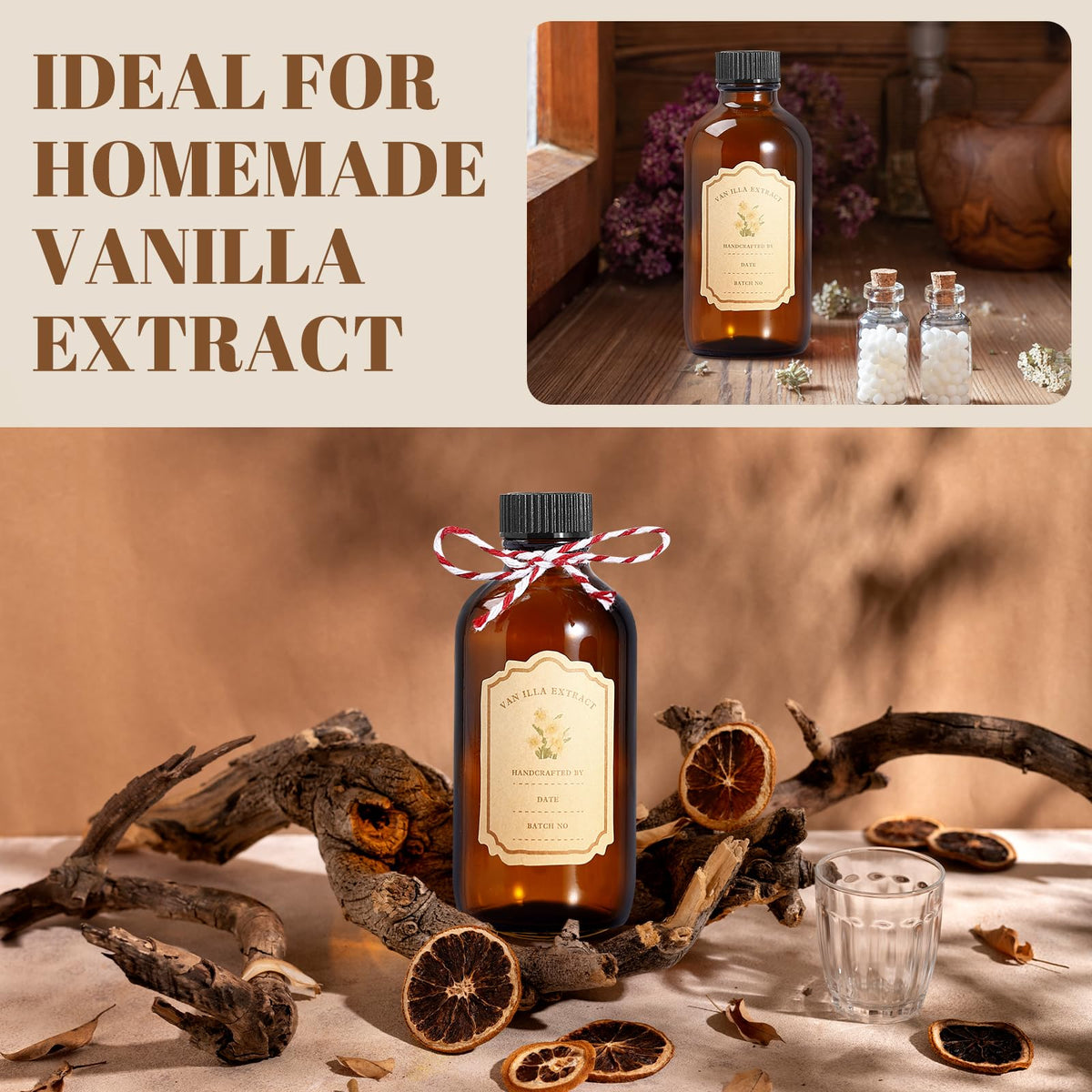 Jarsoph 4oz Amber Glass Bottles 8 PCS - Brown Boston Round Glass Bottles for Homemade Vanilla Extract, Essential Oils, Herbal Medicine, DIY Crafting - UV Protective 8 Pack Bottles for Syrup, Sauce