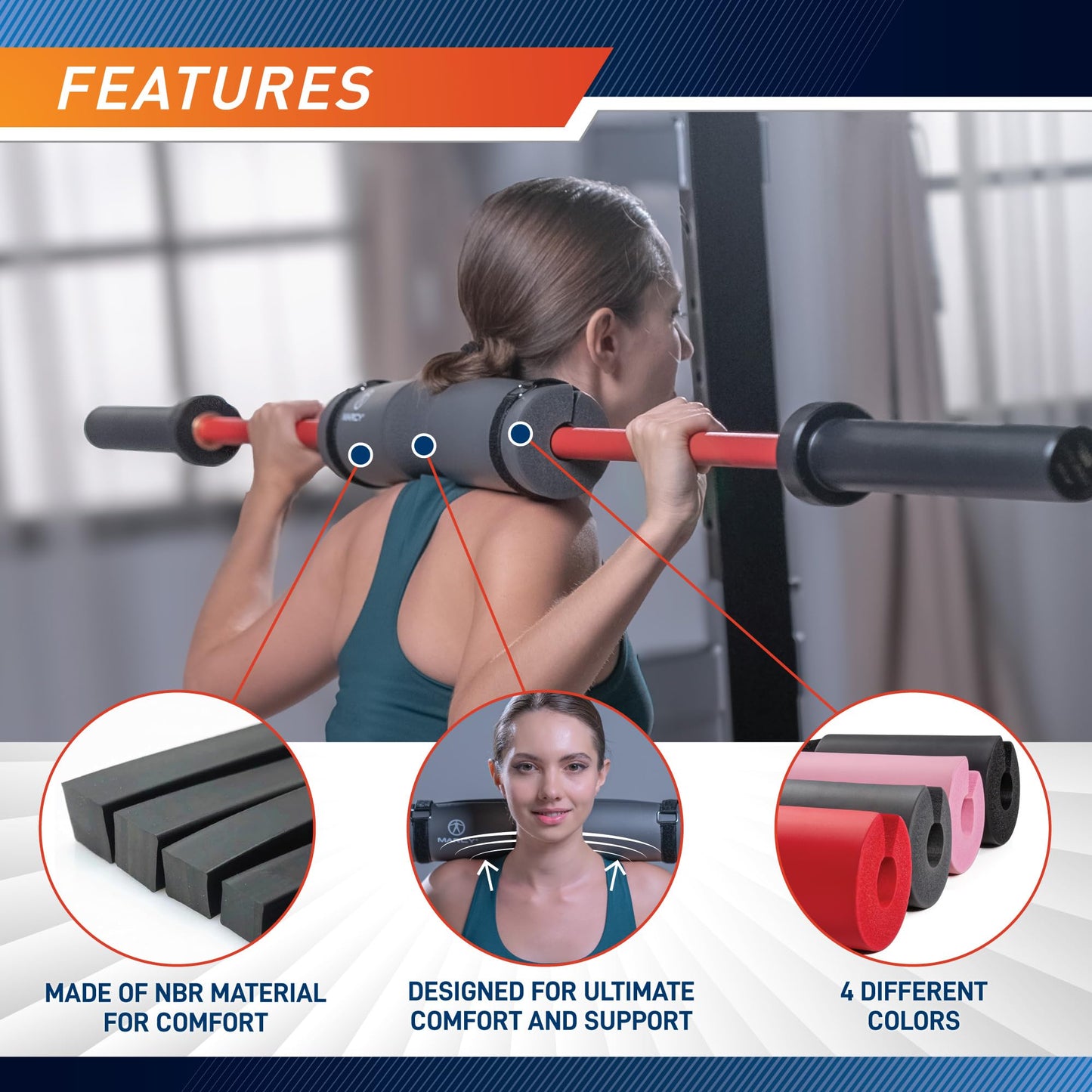 MARCY Barbell Pad Squat Pad for Weightlifting, Lunges and Hip Thrusts, Comfortable Foam Sponge Pad Provides Cushion to Neck & Shoulders While Strength Training MT-7SAK