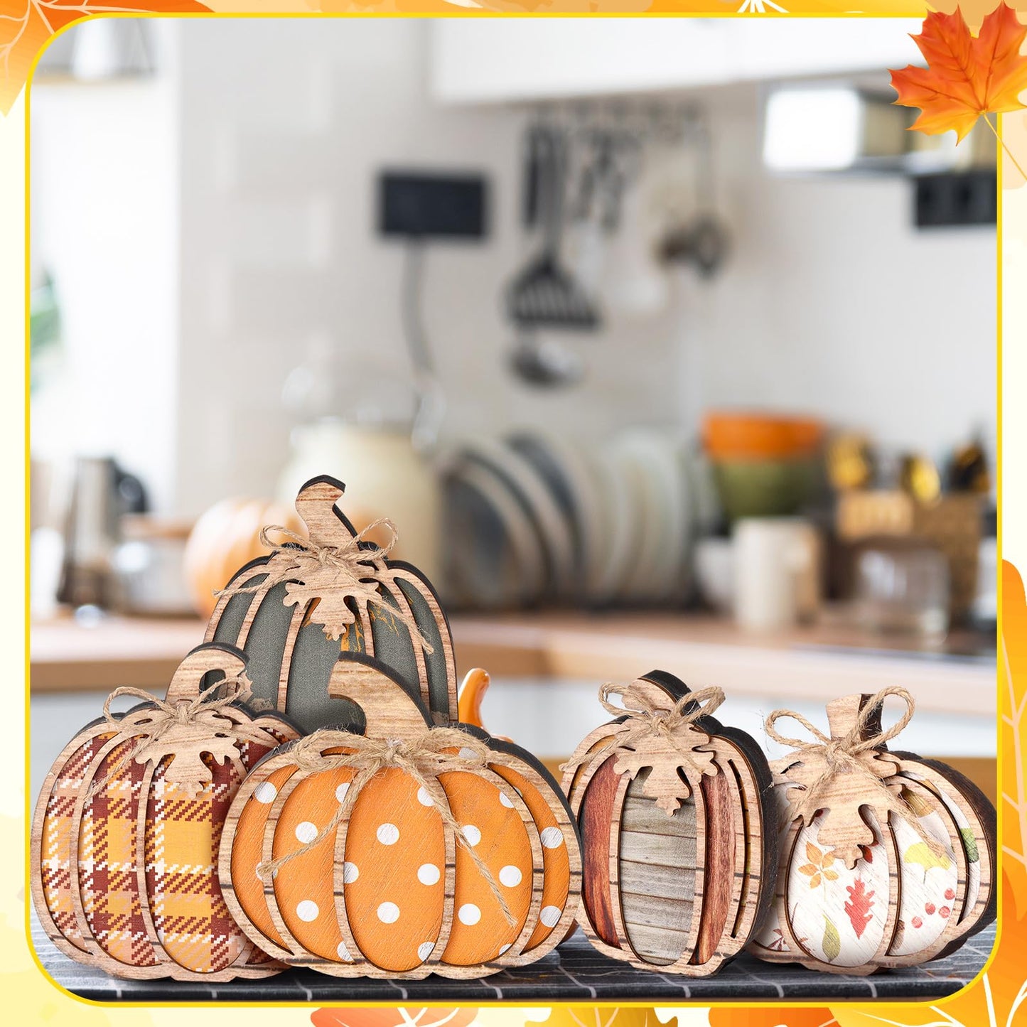 Leinuosen 6 Pcs Fall Pumpkin Decor Fall Decor for Home Pumpkin Wooden Block Sign Autumn Tiered Tray Decorations Thanksgiving Table Centerpieces Decorations for Harvest Party Home Shelf