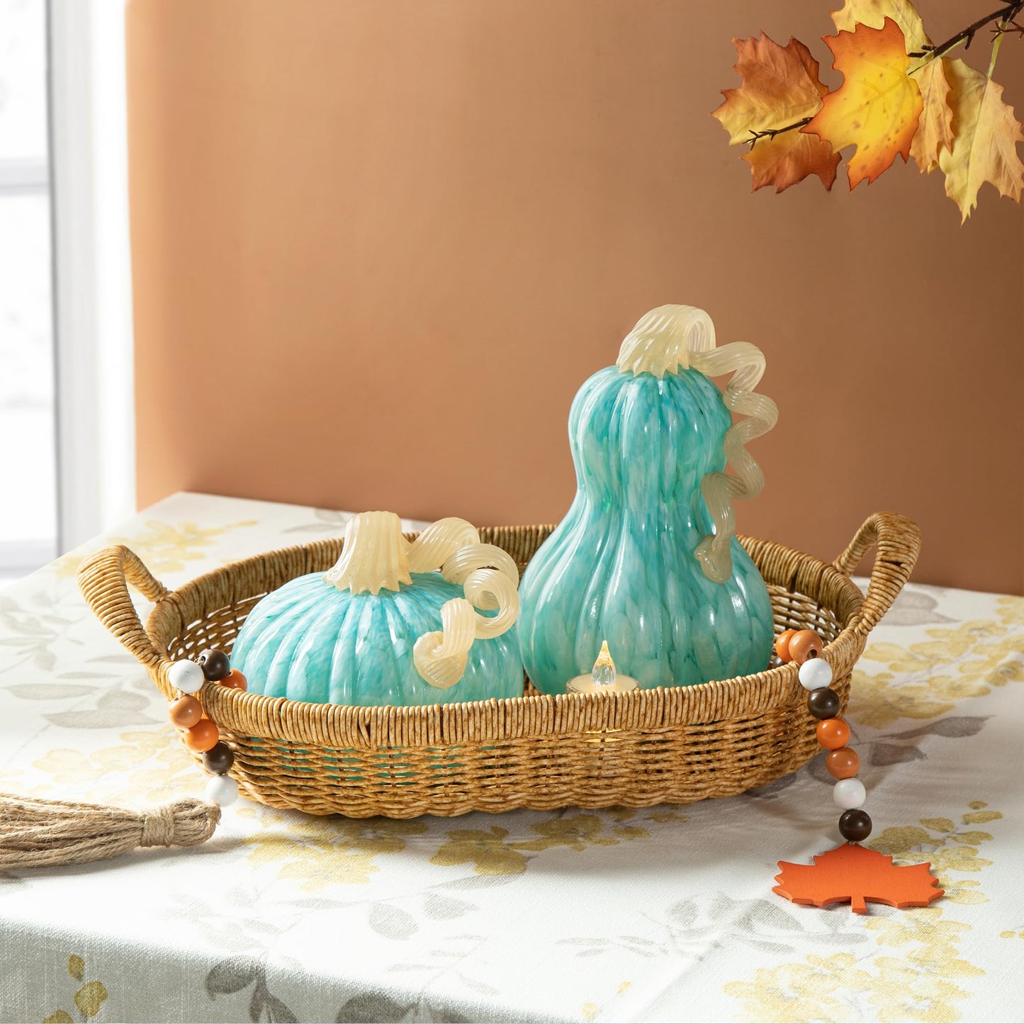 Glitzhome Hand Blown Glass Pumpkin Decor 5" Turquoise - Artisan Fall Harvest Thanksgiving Table Centerpiece Halloween Home Decor