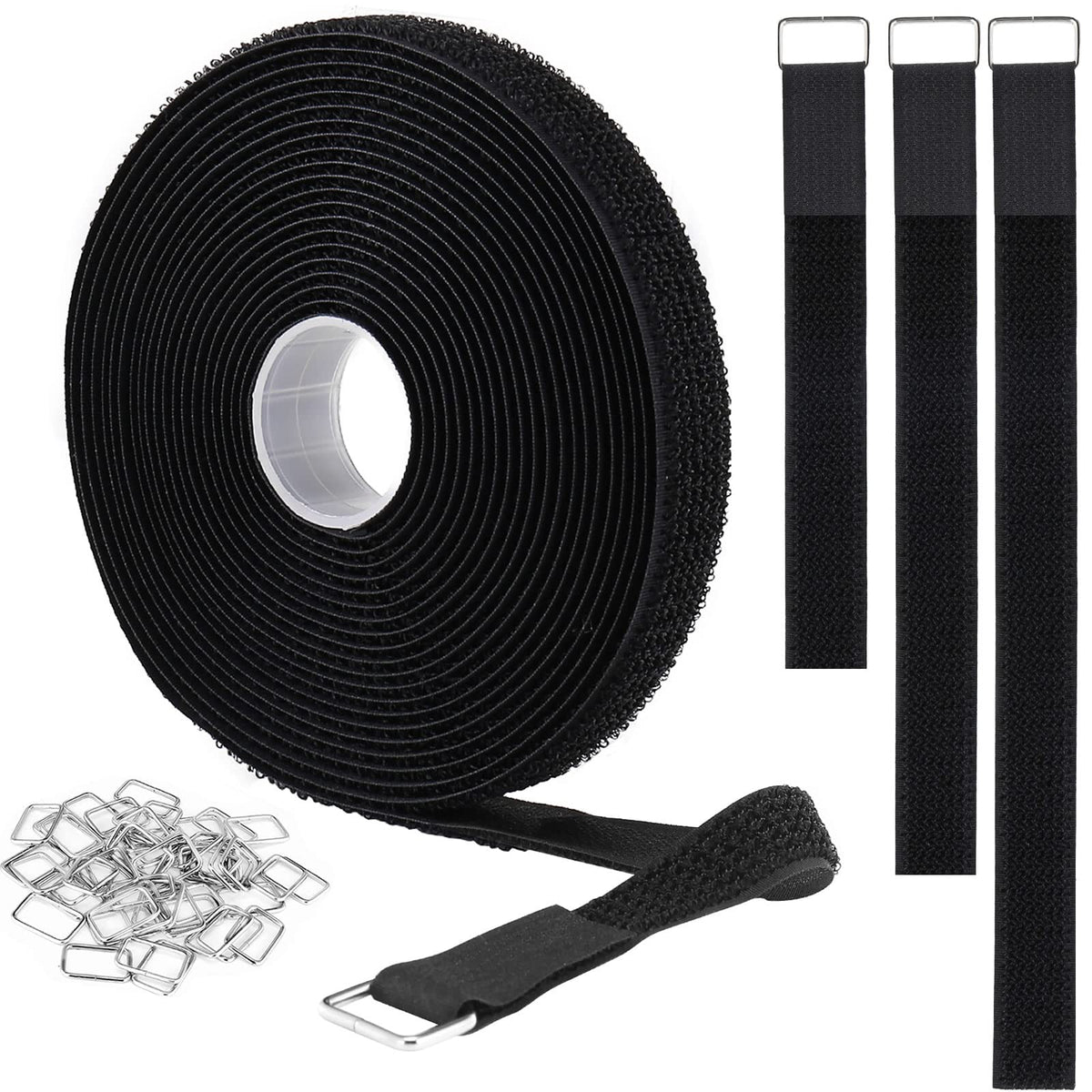 YMCRLUX 1"x16ft Hook and Loop Straps with 25 Metal Buckles, Adjustable Fastening Cable Straps, Cut-to-Length Cinch Strap, Reusable Nylon Securing Cord Ties for Organizer or Storage, 1 inch Wide, Black