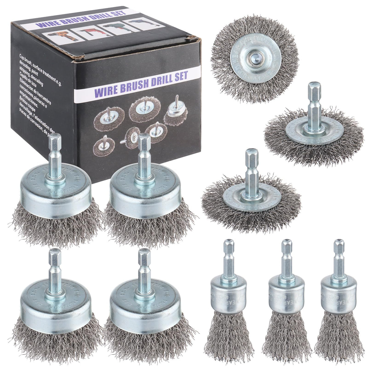 Rocaris 10-Pack Carbon Steel Wire Wheel, Cup, Pen Brush Set with 1/4-Inch Hex Shank for Rust Removal, Corrosion and Scrubbing Surfaces